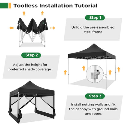 COBIZI 10x10 Heavy Duty Pop Up Canopy with 4 Mosquito Netting Wall, Easy Set Up Commercial Gazebo Party Tent, Outdoor Instant Screen Canopy for Backyard, Patio, Garden, Black