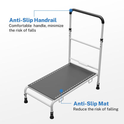 WISDEER Bedside Step Stool for Elderly - Adjustable Handle Motion Sensor LED Light Non-Slip Surface Heavy Duty Steel Supports Up to 400 lbs Ideal for Safe Bed Access, White