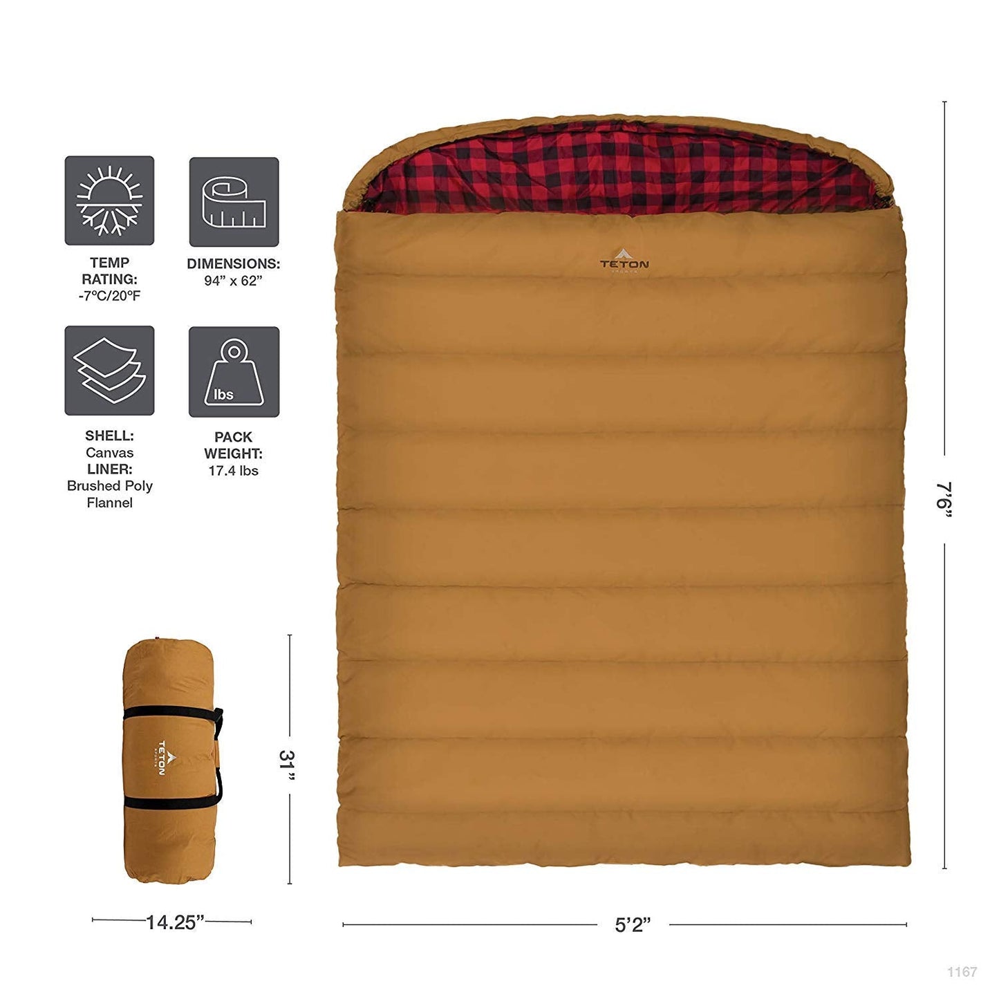 Teton Canvas Mammoth, 20 Degree Double Sleeping Bag, A Warm Bag The Whole Family can Enjoy. Great for Camping, Hunting and Base Camp. Compression Sack Included
