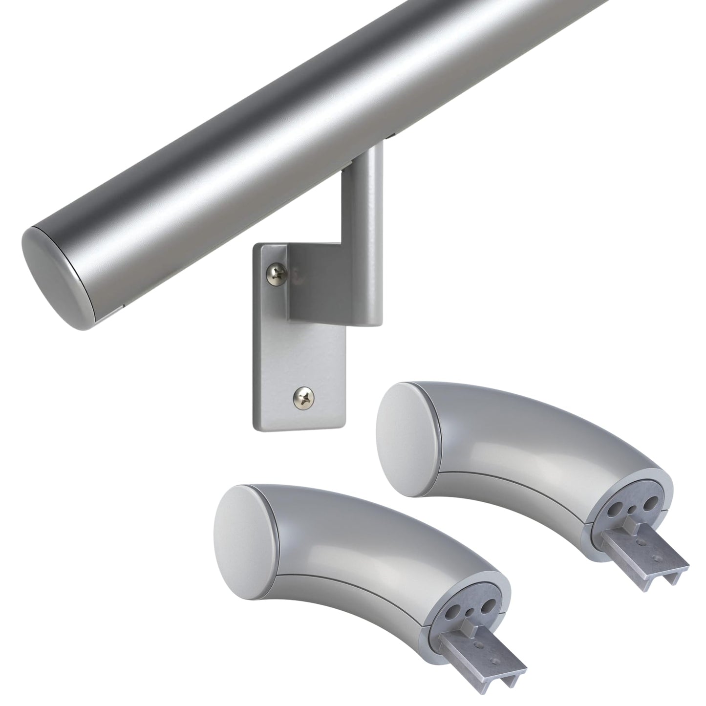 Promenaid - 3ft Flush Handrail Kit Sliver Finish Complete Indoor/Outdoor Handrail for Stairs with ADA Wall Return Kit Flush Endcap Replacement