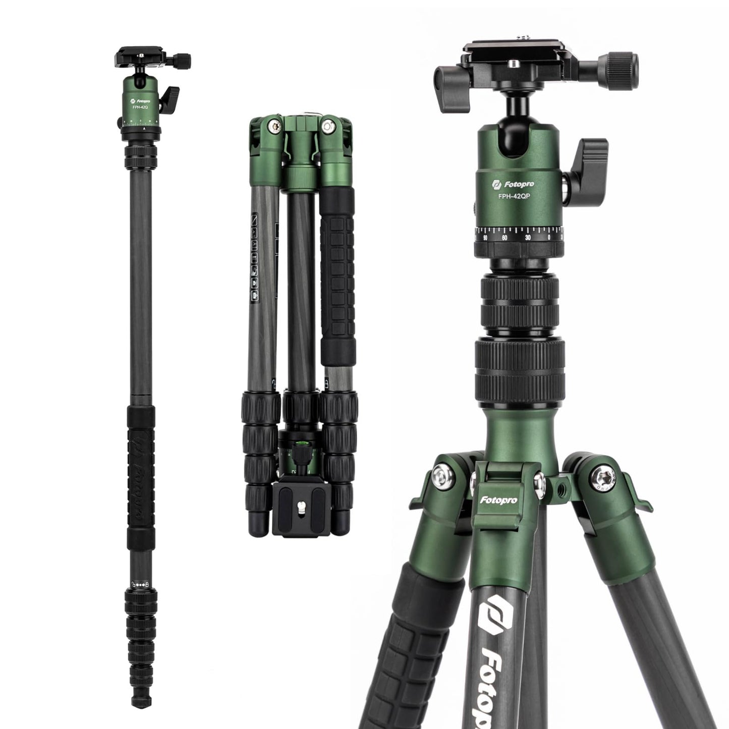 Fotopro 62" Carbon Fiber Travel Tripod, Lightweight Compact Camera Tripod with 360 Degree Ball Head, Detachable Monopod with Arca-Swiss QR Plate and Bag, Load up to 8KG/17.63lbs, Weighs only 2lb
