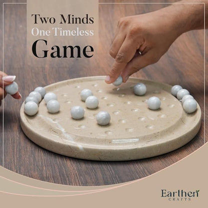 Marble Peg Solitaire Board Game 10 Inches Beige Stone Game with 42 White Assorted Marble Balls Classic Brain Puzzle for Fun Elegant Decor for Family Only