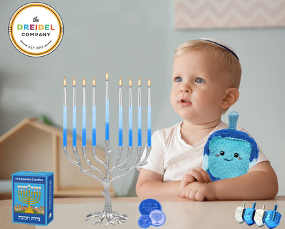The Dreidel Company Deluxe Hanukkah Candles Metallic Silver with Blue Frost Hanukkah Frosted Premium Tapered Hand Decorated Chanuka Candles Set of 45. 1-Hour Burn Time