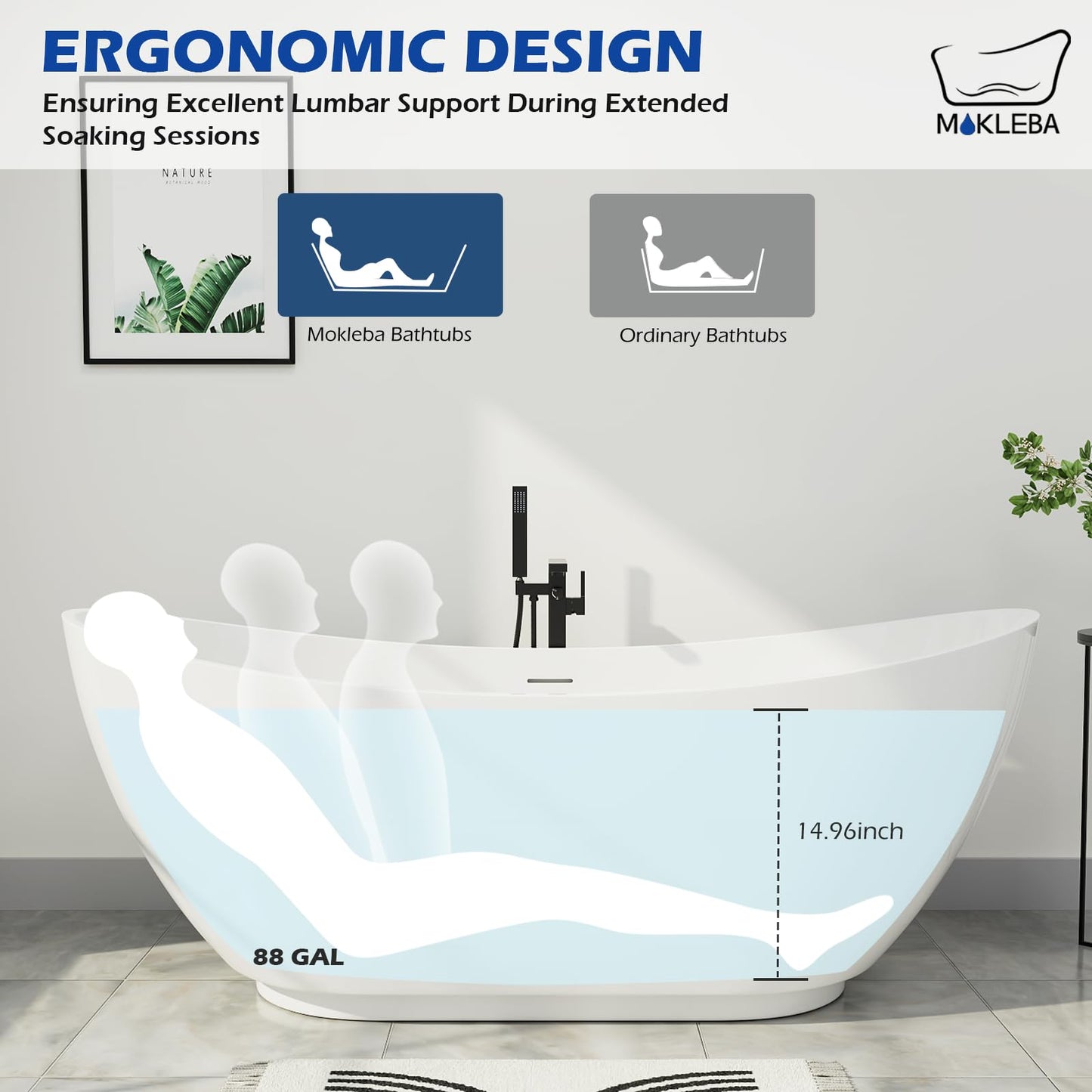 Mokleba 62" Lucite Acrylic Freestanding Bathtub, Double Slipper Shape Contemporary Soaking Tub with Toe-tap Chrome Drain, Slotted Overflow, cUPC Certified, Glossy White
