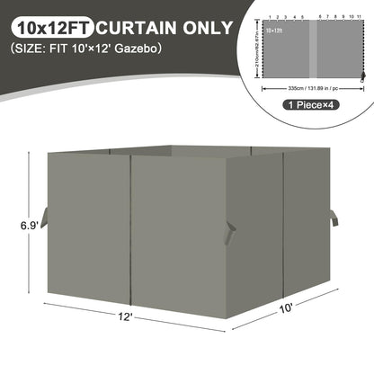 Aoodor 10x12 ft Outdoor Gazebo Curtains, 4 Panels Waterproof Privacy Sidewall Replacement with Zipper for Patio Pergola and Canopy, Gray