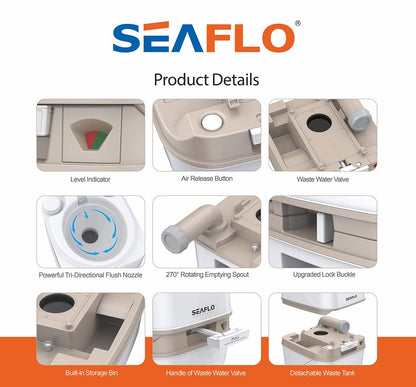 SEAFLO 18L Premium Portable Travel Toilet - 4.8 Gallon Waste Tank, 2.6 Gallon Fresh Water Tank, Manual Flush, Camping RV Travel, Compact Outdoor Emergency Toilet, SFPT-18-03, 4-Year Warranty
