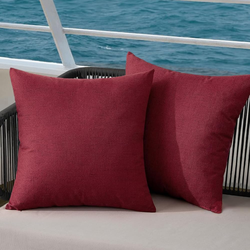MIULEE Outdoor Throw Pillow Covers - Waterproof Decorative Linen Cushion Shams | 18x18 Inch, Burgundy Red - Pack of 2
