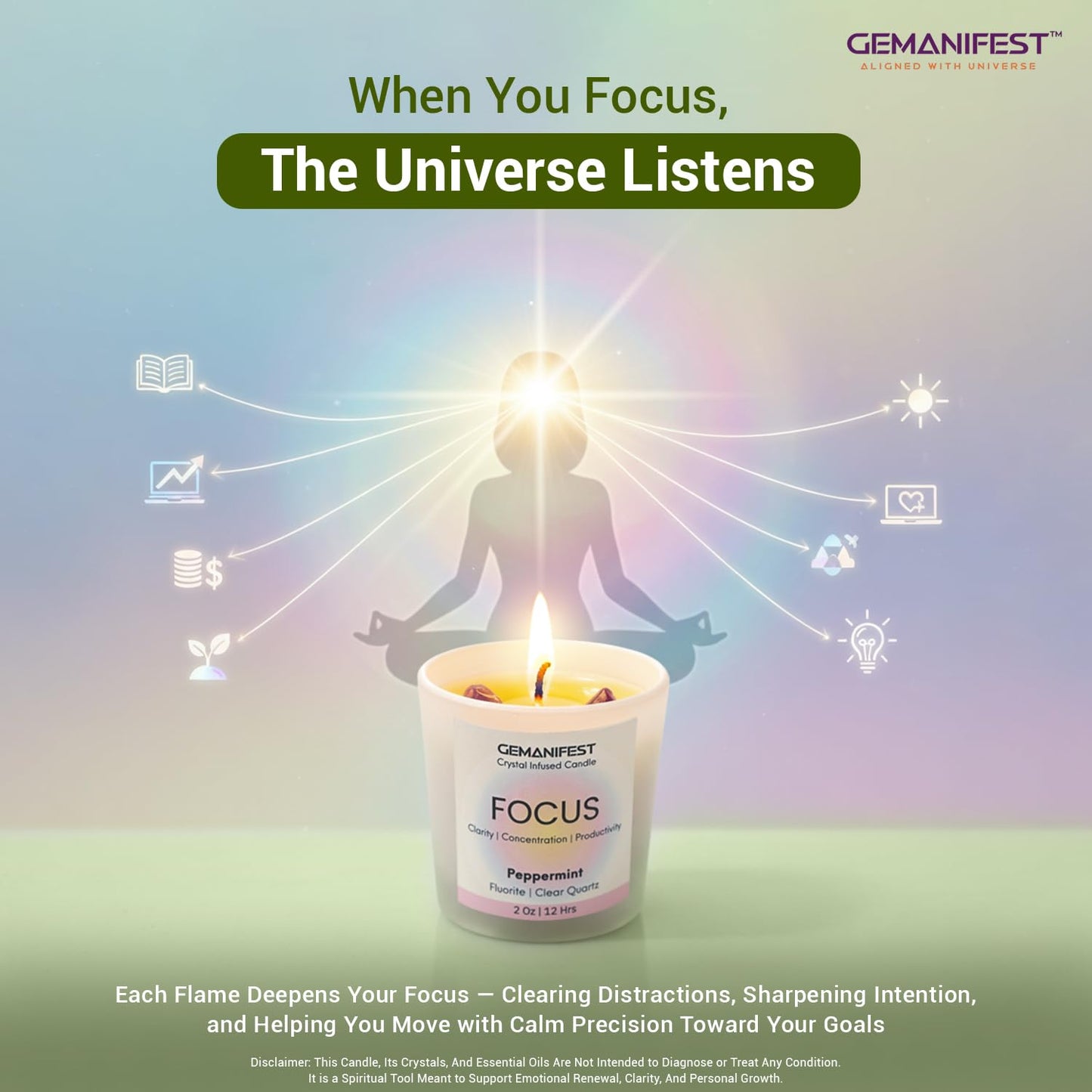 Gemanifest Focus Crystal Candle for Manifestation with Fluorite Bracelet Peppermint Scented Meditation Candle Best Thoughtful Meaningful Gifts for Students Office Employees Coworkers