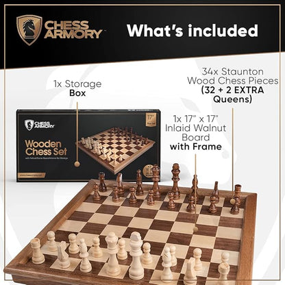 Chess Armory Wooden Chess Set – 17-Inch Large Chess Board with Felted Storage Box Extra Queens &amp Handcrafted Staunton Pieces