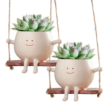 2 PCS Swinging Face Plant Pots 【2025 THICKEN VERSION】Unique Cute Hanging Succulent Cactus Flower Head Resin Planters Pots for Indoor & Outdoor, Creative Novelty Decorative Planter Gift for Home Garden