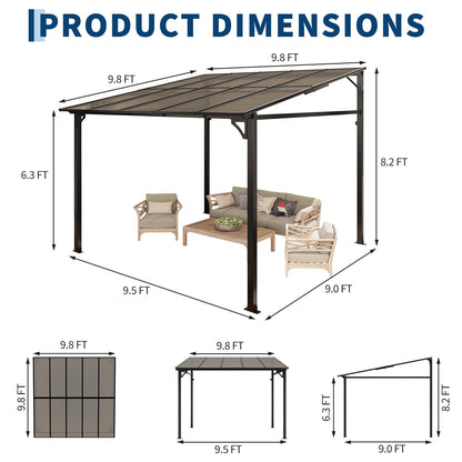 Garvee 10x10 ft Outdoor Lean to Gazebo, Wall Mounted Patio Hardtop Gazebo Pergola with Polycarbonate Roof, Upgraded Steel Frame Hardtop Pavilion for Patio, Garden, Lawn, Deck