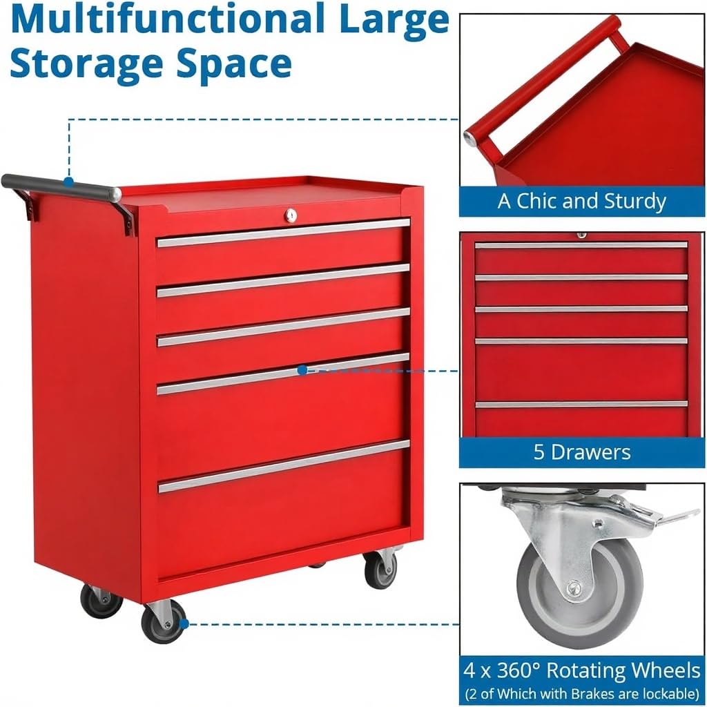 GarveeLife Red Rolling Tool Cabinet, 5-Drawer Tool Storage Cart with Wheels, Portable Tool Chest Organizer with Lock, Drawer Liners, Tool Cart for Garage or Workshop