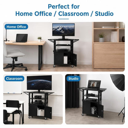 Adjustable Height AV Media Cart, 24-42 Inch Mobile Stand with Locking Storage, Extended Tray Organizer, Cable Management Wheels, for Home Office School