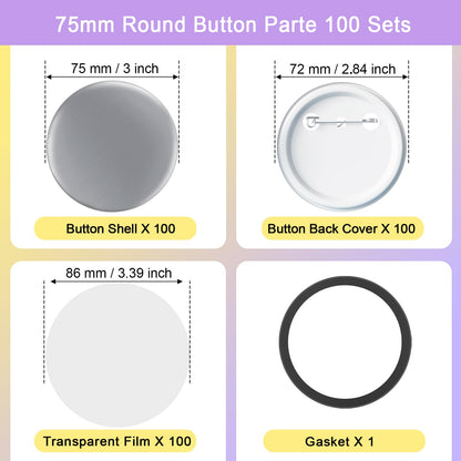 100 Sets 3 inch / 75mm Button Maker Supplies, Buttons Supplies for Custom Buttons & Badges, Metal Covers, Plastic Backs& Clear Film for Button Maker Machine, Badge Button Press