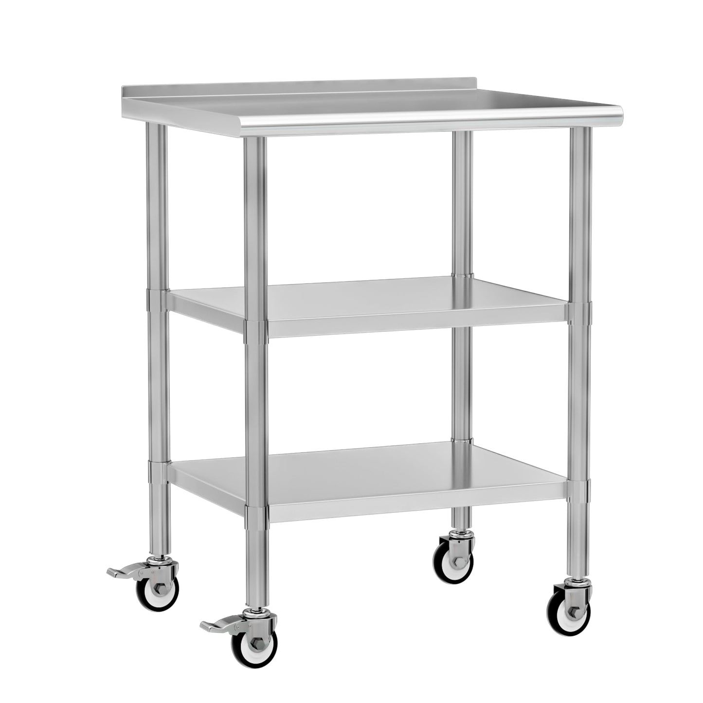 Chingoo Stainless Steel Work Table with Wheels, 24x30 Inch NSF Food Prep Table with Backsplash & 2 Adjustable Undershelves for Commercial Kitchen, Restaurant, Garage