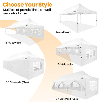 COBIZI 10x30 Pop up Canopy with Roller Bag & 8 Removable Sidewalls, Canopy Tent for Parties, Wedding, and Commercials, Waterproof and Instant Shelter UV50+ Outdoor Gazebo with 4 Sandbags(White)