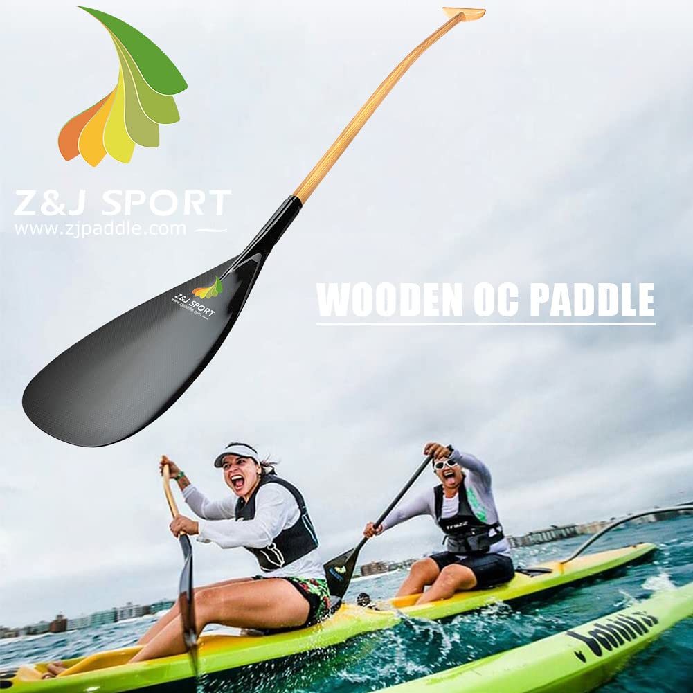 Z&J SPORT Hybrid Outrigger Paddle, Teardrop Shape Carbon Blade Wooden Bent Shaft for Waka AMA, va’a (S,52")