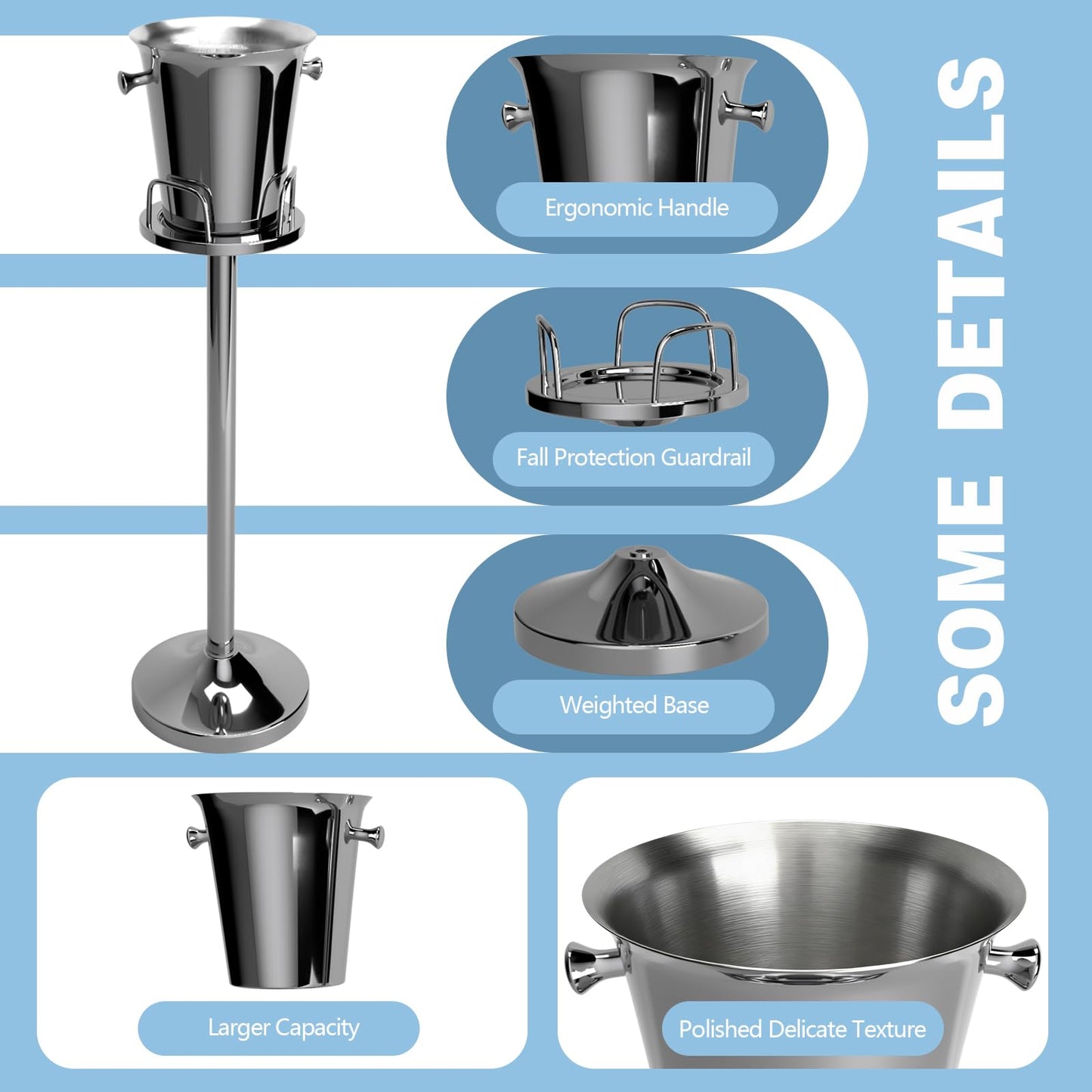 Champagne Bucket with Stand, Wine Bucket Stand with 5L Bucket, Stainless Steel Standing Ice Buckets for Bar, KTV, Hotel, Party, Gathering (Silver, 2 Packs)