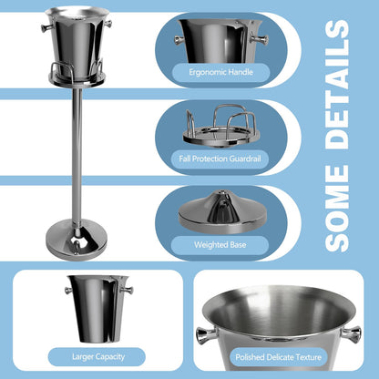 Champagne Bucket with Stand, Wine Bucket Stand with 5L Bucket, Stainless Steel Standing Ice Buckets for Bar, KTV, Hotel, Party, Gathering (Silver, 2 Packs)