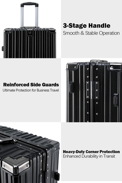 HotWay 26 Inch Aluminum Frame Luggage with Spinner Wheels, PC Hard Shell Suitcase with Cup Holder, Zipperless Luggage for Business Travel, Black