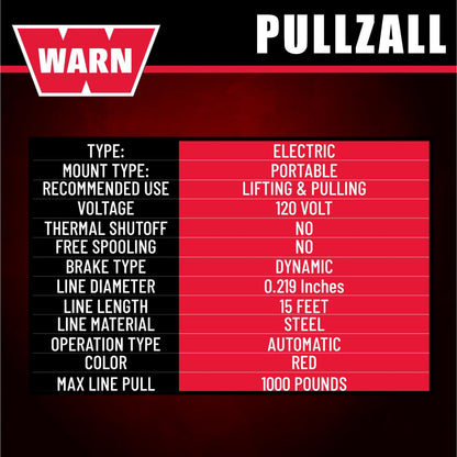 WARN 885000 PullzAll Corded 120V AC Portable Electric Winch with Steel Cable: 1/2 Ton (1,000 lb) Pulling Capacity, Variable Speed Trigger, Red