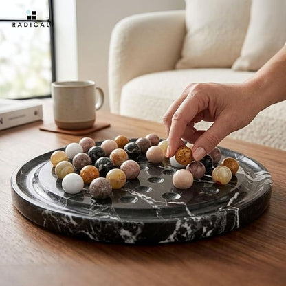 Marble Solitaire Game 10 Inch Black Handmade Peg Solitaire Board Game with Marbles Classic Marble Puzzle Game for Adults Modern Tabletop Brain Teaser