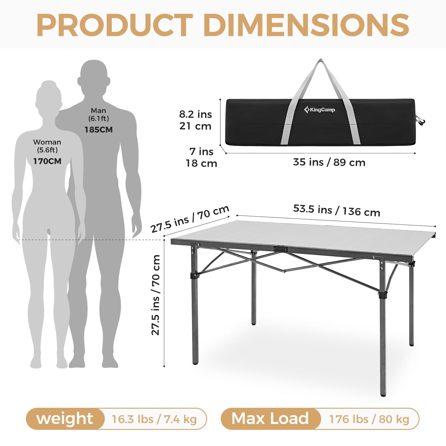 KingCamp Aluminum Camping Table Foldable, Large 53.5" Roll Up Camp Table Folding Seamless Tabletop Heavy Duty Duck Hunting Camping Tables Metal Portable Outdoor Collapsible for RV BBQ Picnic Hunting