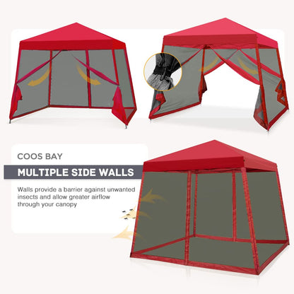 COOS BAY 10x10 Pop Up Canopy Tent with Screen Netting, Slant Leg Canopy with UPF 50+ UV Protection, 64 Sq Ft Shade, One Person Setup with Carry Bag, Red