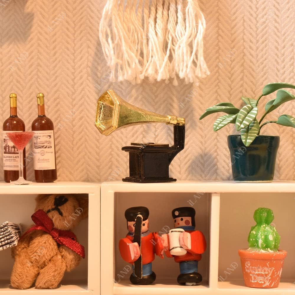 iLAND Miniature Dollhouse Accessories on 1:12 Scale, Grandfather Wall Clock and Record Player, elf Accessories