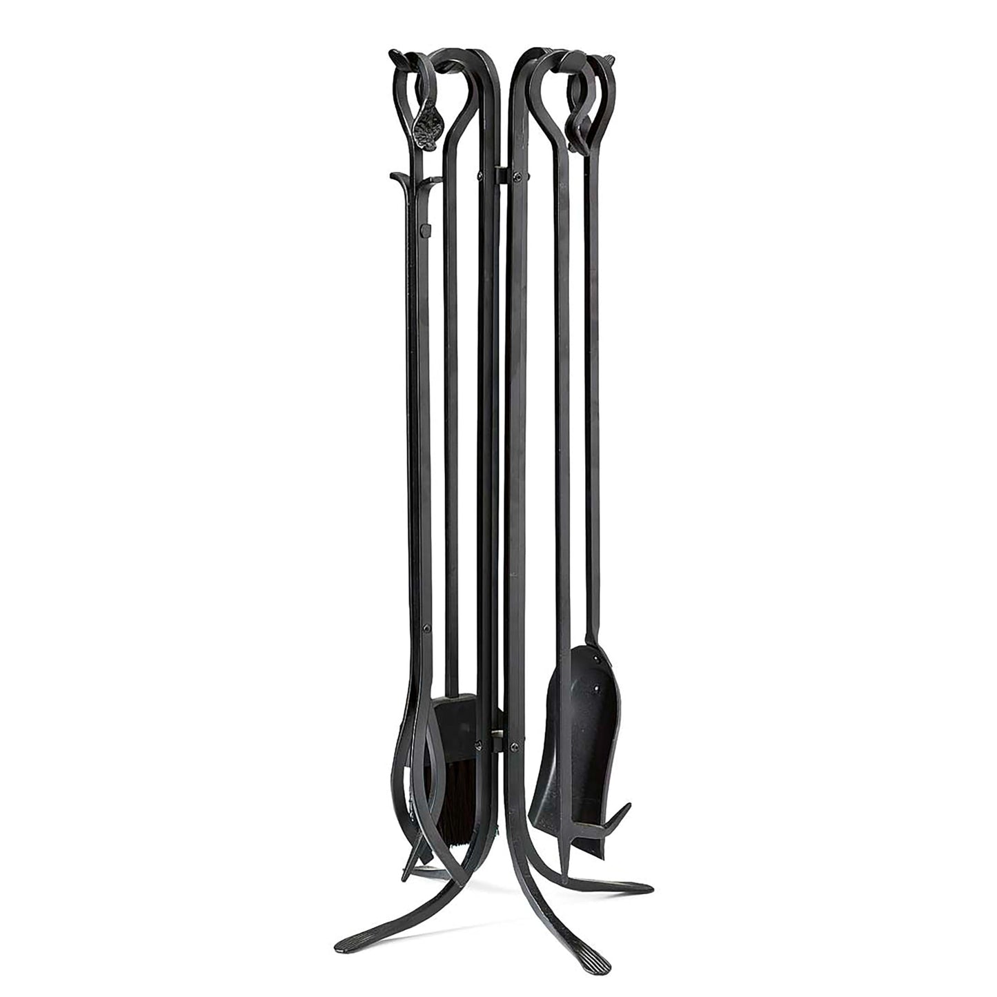 Plow & Hearth 5 Piece Hand Forged Iron Compact Fireplace Tool Set 27.5" | Black Wrought Iron Handle for Outdoor Indoor | Stand Poker Shovel Brush Log Tongs Wood Stove Accessory