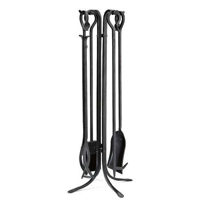 Plow & Hearth 5 Piece Hand Forged Iron Compact Fireplace Tool Set 27.5" | Black Wrought Iron Handle for Outdoor Indoor | Stand Poker Shovel Brush Log Tongs Wood Stove Accessory