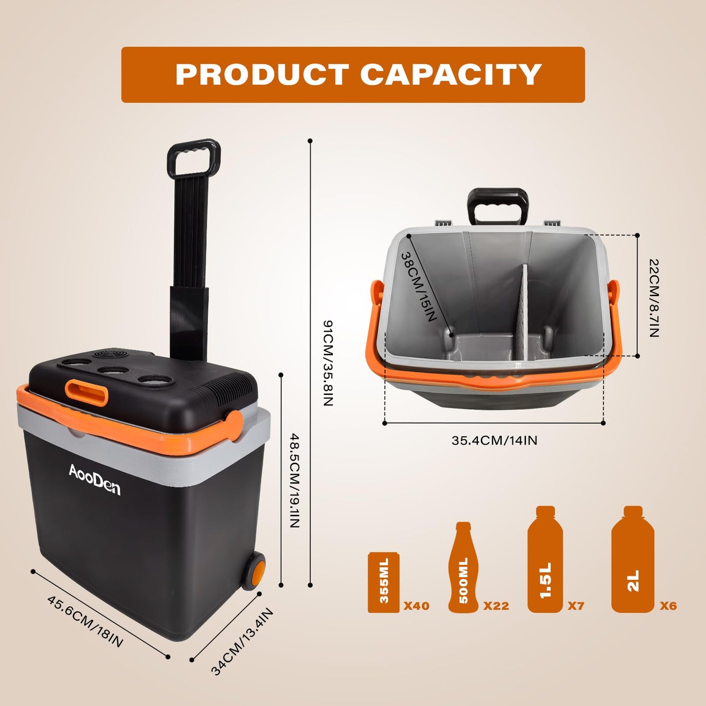AooDen Electric Car Cooler and Warmer 35 Quart(33 Liter) Capacity with Draw bar and Wheels, Thermoelectric Iceless Cooler for Travel, Camping, Vehicles, Truck, Home - 12V DC and 120V AC