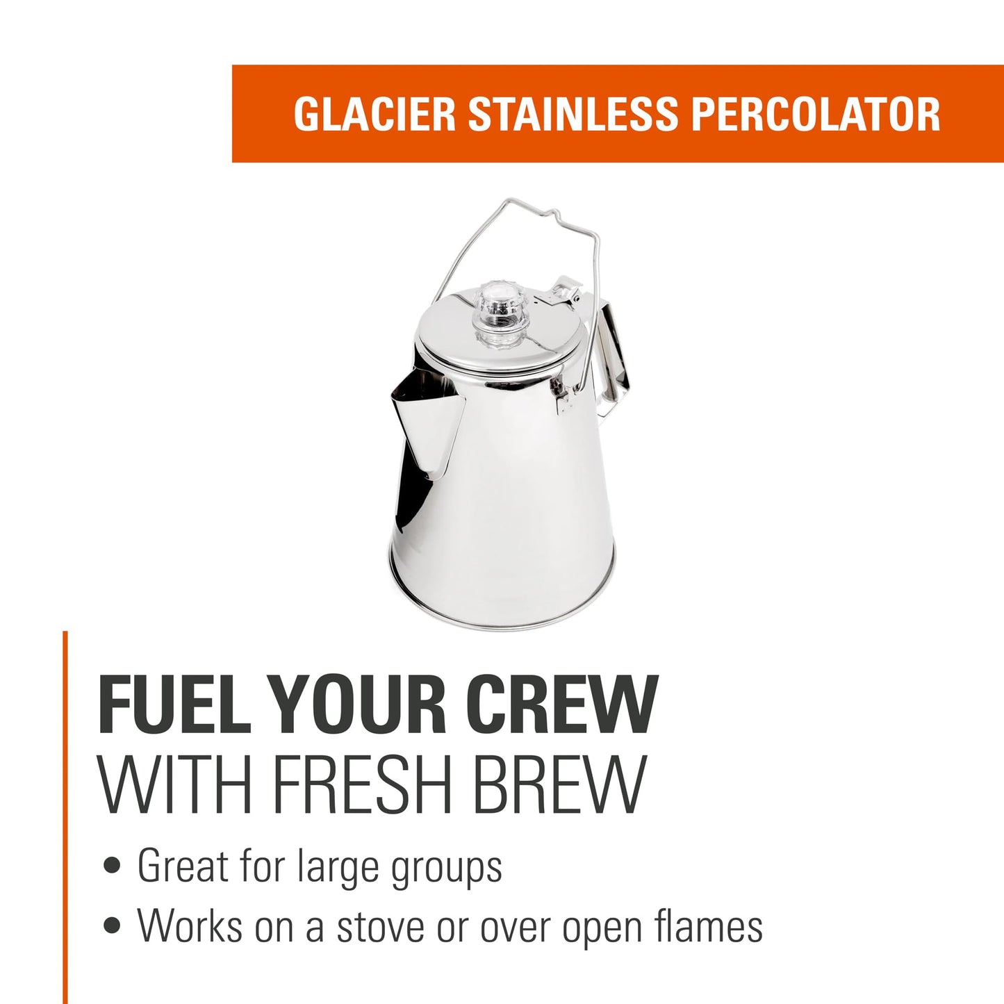 GSI Outdoors Percolator Coffee Pot I Glacier Stainless Steel Ultra-Rugged for Brewing Coffee Over Stove and Fire Ideal for Group Camping, 36 Cup
