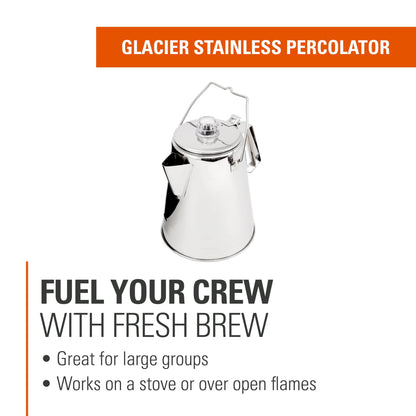 GSI Outdoors Percolator Coffee Pot I Glacier Stainless Steel Ultra-Rugged for Brewing Coffee Over Stove and Fire Ideal for Group Camping, 36 Cup