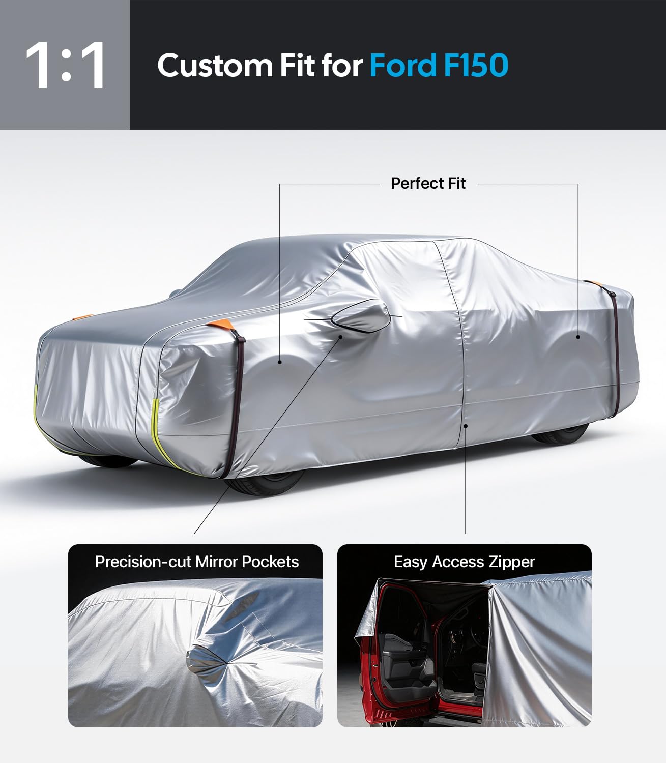 Wigoo Ford F150 F250 F350 F450 Truck Car Cover Accessories 2015-2026, Waterproof All Weather Outdoor Full Pickup Cover, Windproof UV Rain Snow Dust Protection, Door Zipper, Reflective Safety Strips