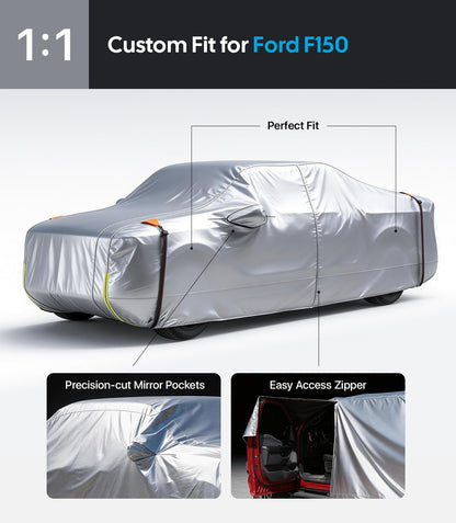 Wigoo Ford F150 F250 F350 F450 Truck Car Cover Accessories 2015-2026, Waterproof All Weather Outdoor Full Pickup Cover, Windproof UV Rain Snow Dust Protection, Door Zipper, Reflective Safety Strips