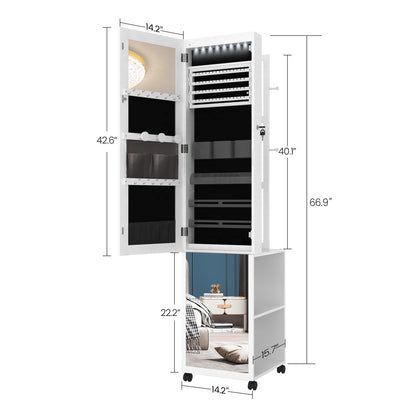 Hzuaneri 8 LEDs Jewelry Cabinet Armoire, 66.9-inch Jewelry Organizer with Garment Rack, Lockable Full-length Mirror with 4 Wheels, Storage Shelves with Hooks, 5-in-1, White and Beige JC17003B