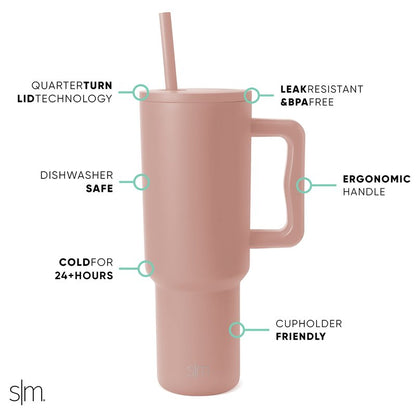 Simple Modern 40 oz Tumbler with Handle and Straw Lid | Insulated Reusable Stainless Steel Water Bottle Travel Mug Cupholder Use | Gifts Women Men Him Her | Trek Collection | 40oz | Mauve Me