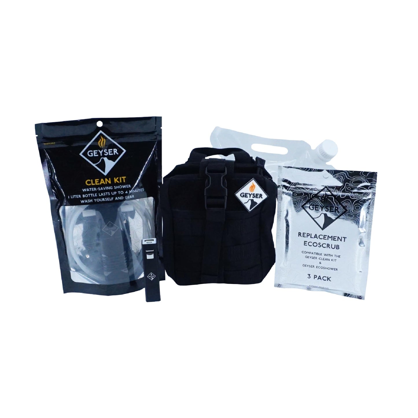 Geyser System Portable Camping Shower & Cleaning Kit for Camping, Backpacking, Overlanding, & Outdoor Recreation - Clean Kit Bundle - Black