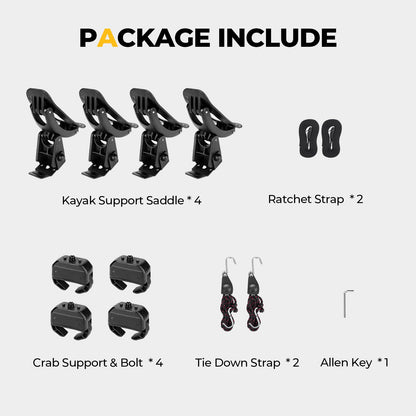 BougeRV Kayak Roof Rack Saddles, Crab Roof Mounting Kit Fits Most Car SUV Truck Cross Bars, Carrier Kayak Paddle Board Surfboard with Tie Down Straps Ratchet Strap,150LBS Load Capacity(2 Pairs)