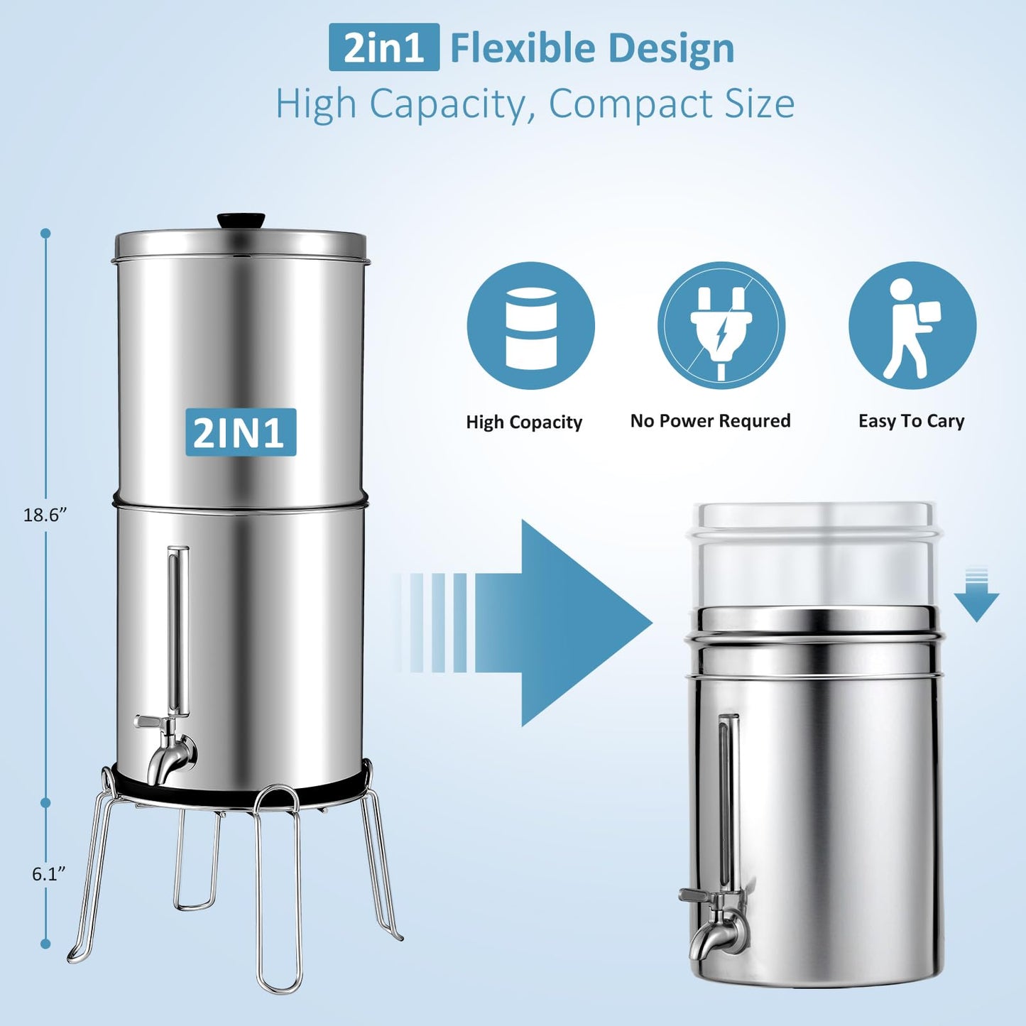 2.25G Ultra-Filtration Gravity Water Filter System-304 Stainless Steel Countertop System with Handle,2 Shut-Off Valves,4 Cups+Holders,2 Carbon Filters and Stand,NSF/ANSI 42 Certification