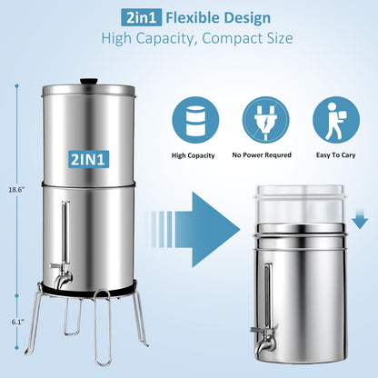 2.25G Ultra-Filtration Gravity Water Filter System-304 Stainless Steel Countertop System with Handle,2 Shut-Off Valves,4 Cups+Holders,2 Carbon Filters and Stand,NSF/ANSI 42 Certification