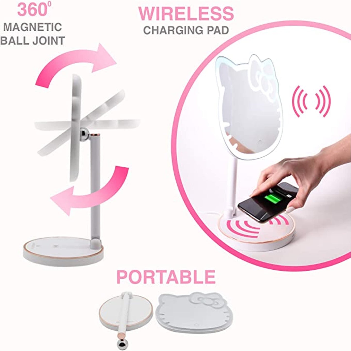 Impressions Vanity Hello Kitty Tabletop Mount LED Cordless Makeup Mirror with 360 Degree Rotation, Touch Sensor Desk Mirror with Light Strip and Adjustable Brightness
