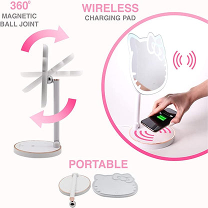 Impressions Vanity Hello Kitty Tabletop Mount LED Cordless Makeup Mirror with 360 Degree Rotation, Touch Sensor Desk Mirror with Light Strip and Adjustable Brightness