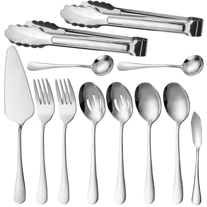 IAXSEE 12Pcs Silver Serving Utensils Stainless Steel Serving Spoon,Slotted Spoons Serving Forks,Serving Tongs Cake Server Dessert Spoon Serving Flatware Set Great for Parties Buffet Party