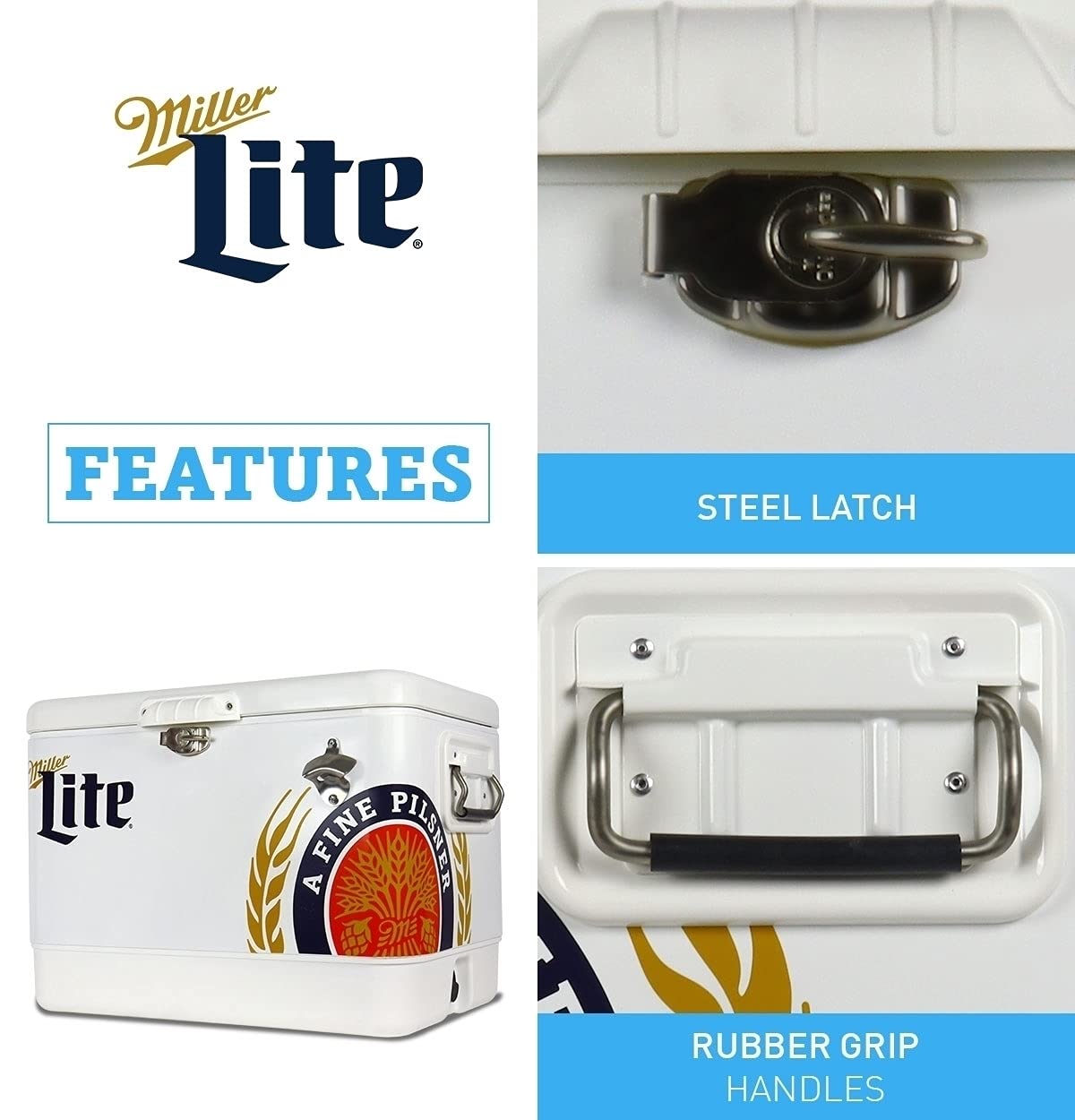 Miller Light Ice Chest Cooler - 85 Can Ice Box, Portable Ice Bucket with Bottle Opener, Vintage Style, Insulated for Camping, Beach, Picnic, RV, BBQs, Tailgating, Fishing, Steel-Belted, 51L (54 qt)
