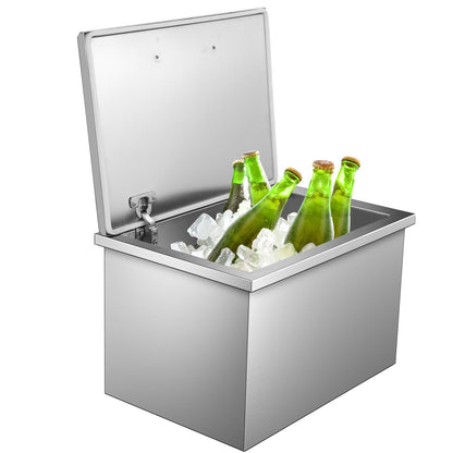 GarveeLife Drop in Ice Chest, 20" L x 14" W x 13" H Stainless Steel Ice Cooler, Commercial Ice Bin with Hinged Cover, Outdoor Kitchen Ice Bar, Drain-Pipe and Drain Plug Included, for Cold Wine Beer