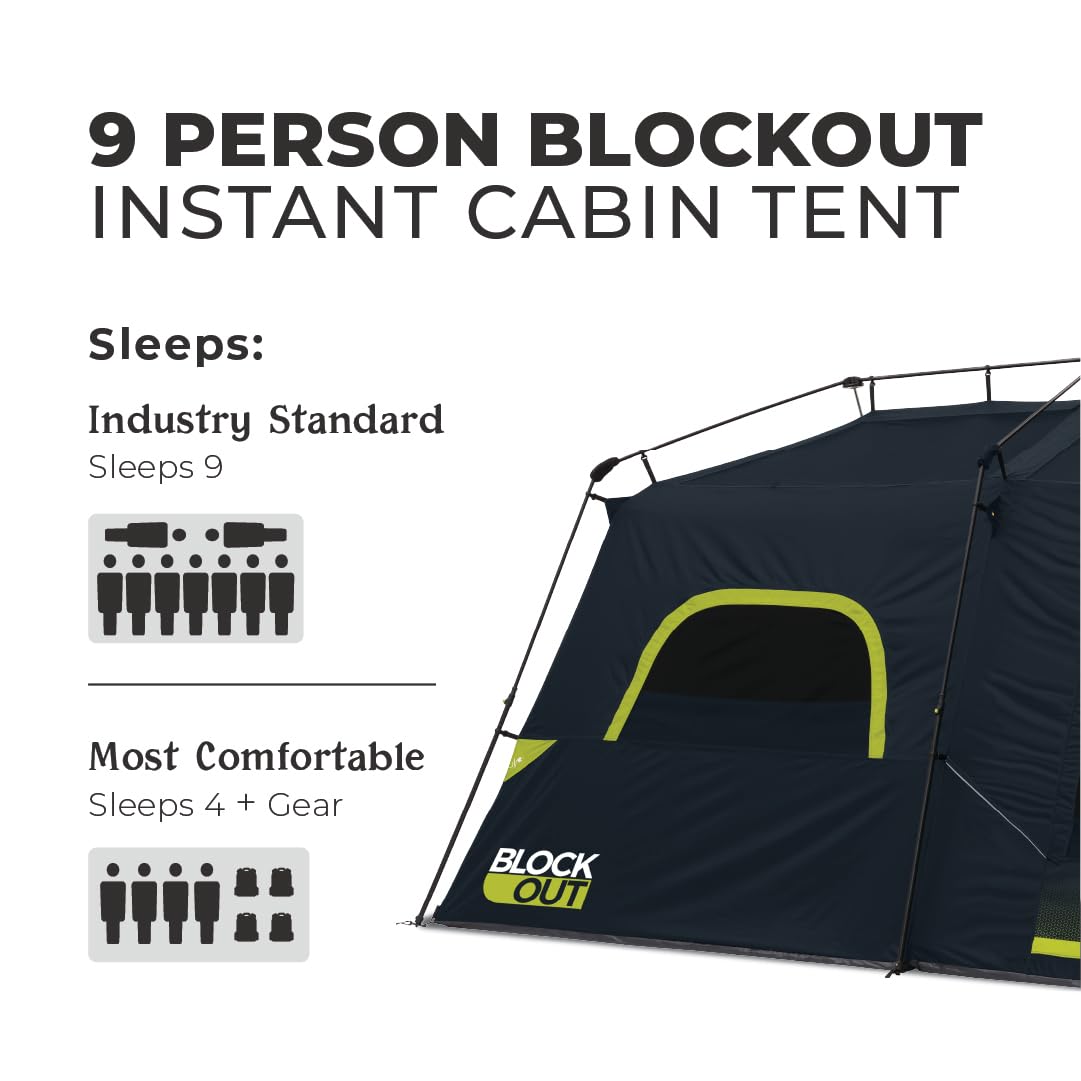 CORE Blackout 9 Person Instant Cabin Tent | Large Multi Room Family Pop Up Dark Room Tent for 2 Minute Camp Setup | Included Storage Pockets for Camping Accessories