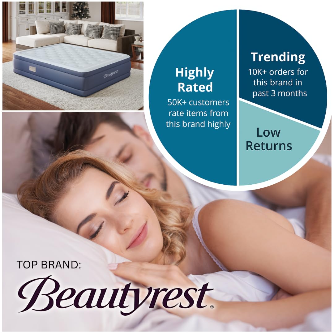 Beautyrest Supreme Air, Full Size Air Mattress with Built-in Pump, Raised Inflatable Bed for Adults, Puncture-Resistant Vinyl, Auto Shut-Off, 650lb Support, Guest Bed, Camping Airbed, 3-Year Warranty