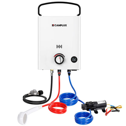CAMPLUX Propane Portable Water Heater 1.32 GPM 34,000 BTU, First F5 Pro, with 1.2 GPM Pump Kit for RVs, Campings & Cabins, Ultra Portable Design, Easy Setup